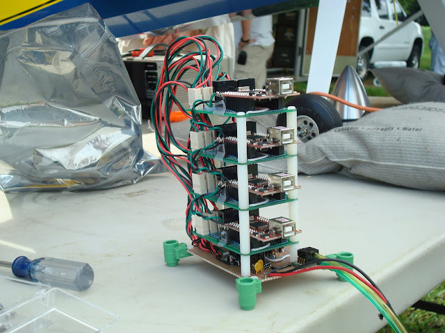 Our testbed stack: 4 STM32 microcontrollers (ARM Cortex M3s), an SD card for logging data, air pressure sensor, and voltage regulator.